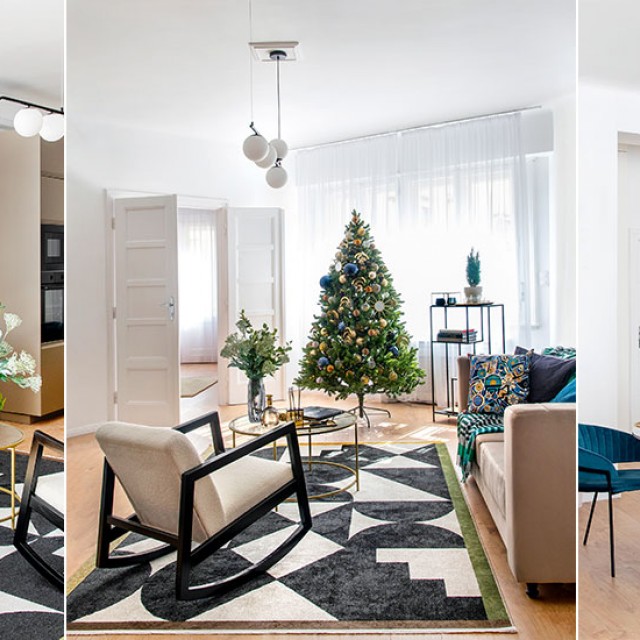Bársonyos kék elegancia, karácsonyi ragyogás: Bauhaus stílusú lakás 89 m2-en