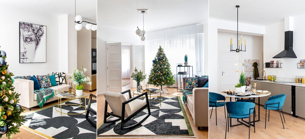 Bársonyos kék elegancia, karácsonyi ragyogás: Bauhaus stílusú lakás 89 m2-en